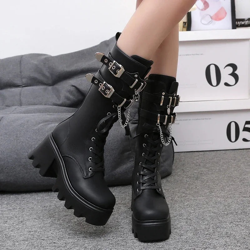 Women's Punk Platform Mid-Calf Boots | Chunky Wedge Moto Boot Platform Moto Boots Axl