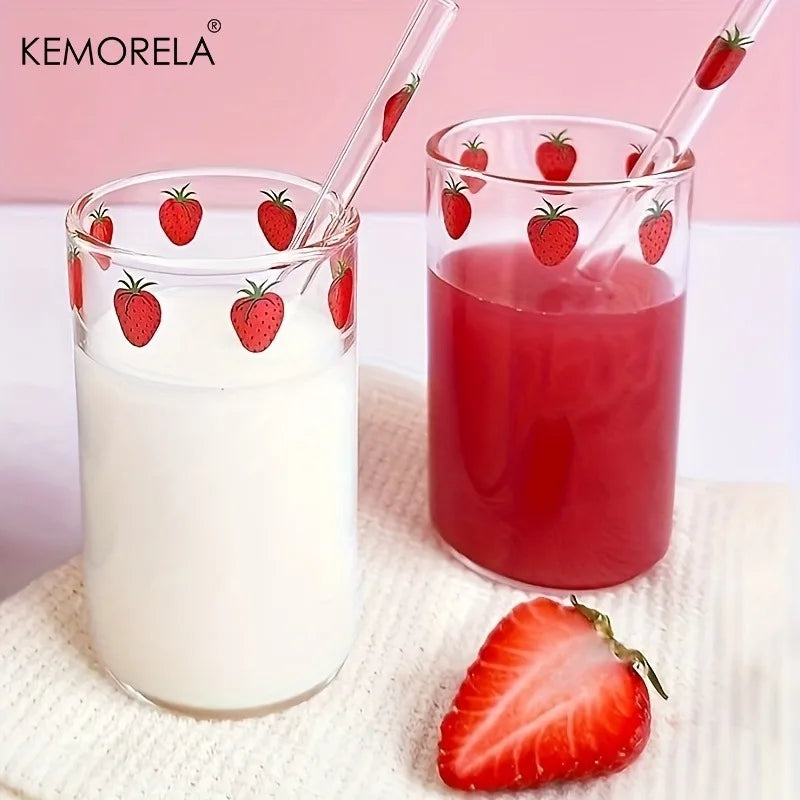 Cute Strawberry Glass Cup with Straw 300ml | KEMORELA Mug Glass Drinkware Axl