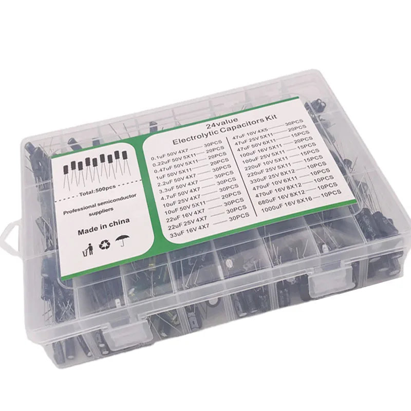 500pcs Electrolytic Capacitor Kit – 24 Values 0.1uF–1000uF DIP Capacitor Assortment Kit Axl