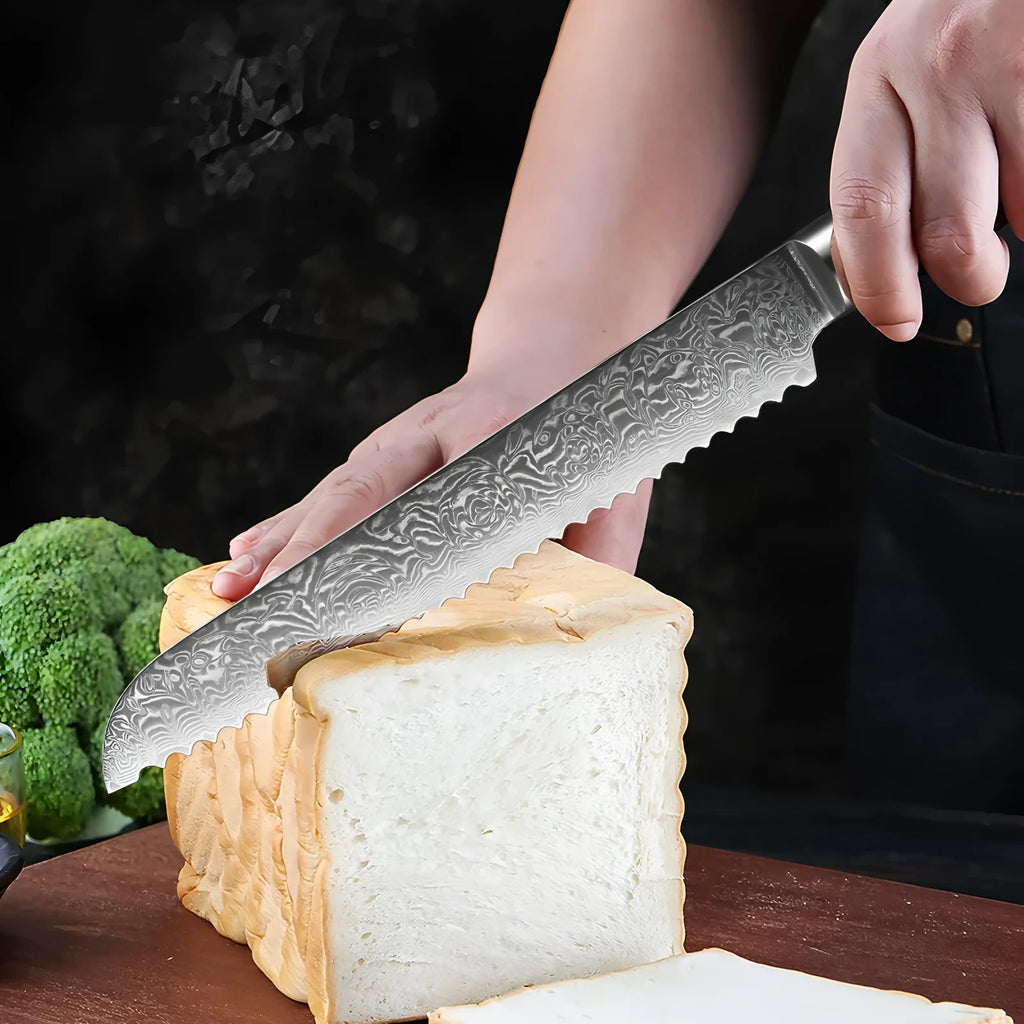 67-Layer Damascus Steel Serrated Bread Knife – Ergonomic Serrated Bread Knife Axl