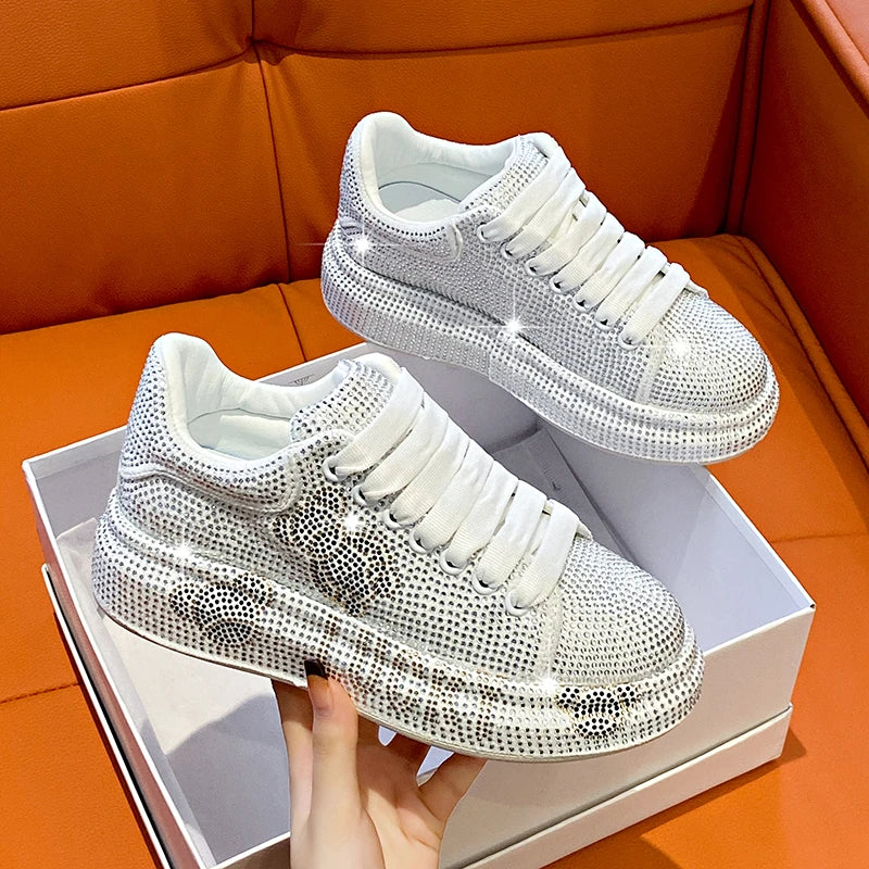 Women's Rhinestone Platform Sneakers – Glam Lace-Up Trainers Platform Sneakers Axl Silver 39