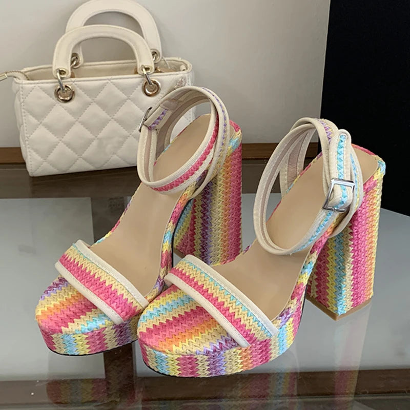 Women's Chunky Platform Sandals Open Toe Square High Heels Platform Heeled Sandals Axl