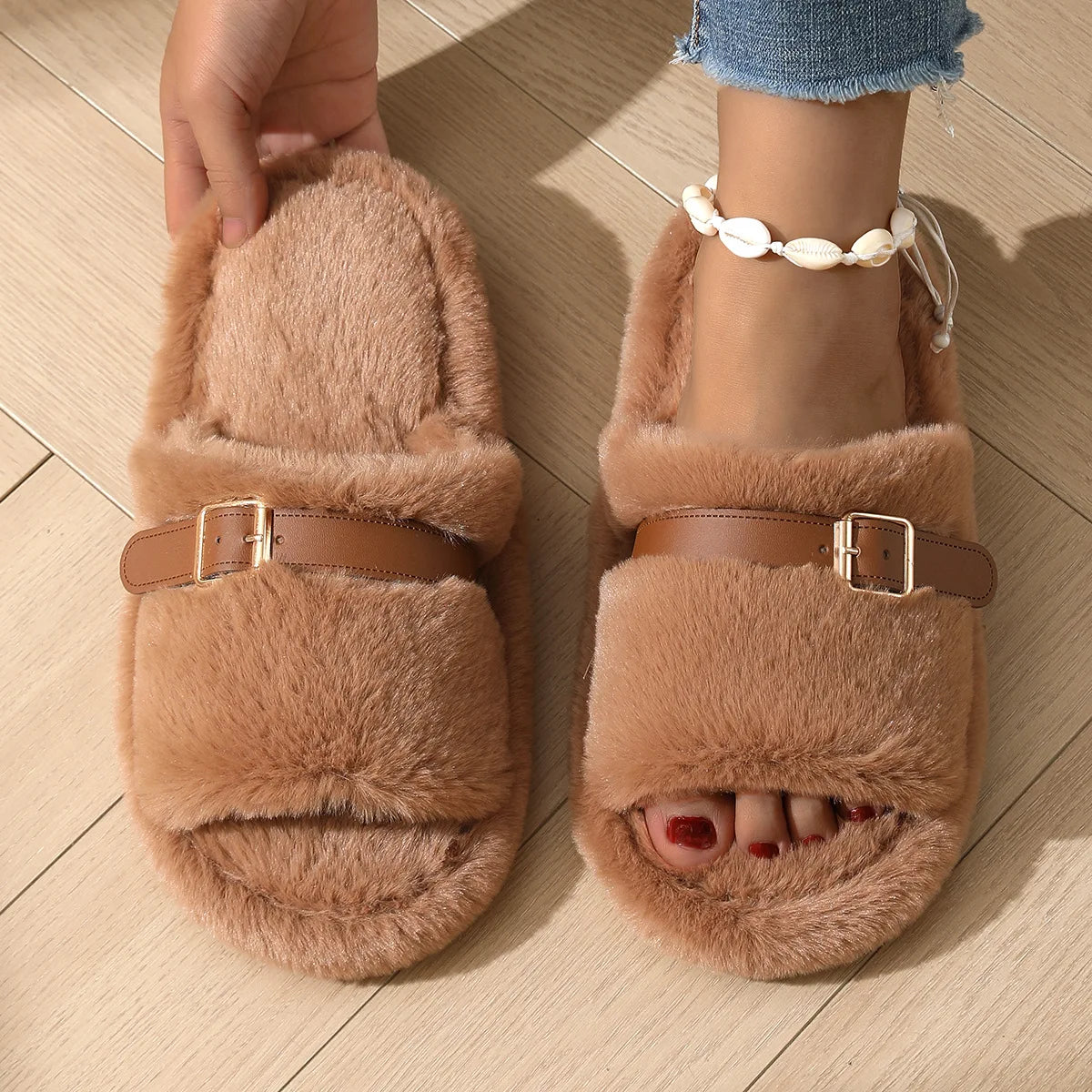 Women's Fluffy Wool Slippers – Warm Indoor Winter House Shoes Women's Slippers Axl brown 44-45