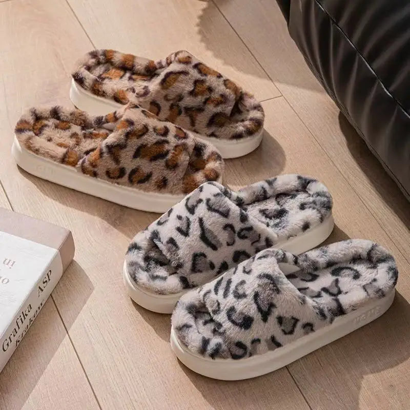 Leopard Plush Winter Slippers – Non-Slip Cozy House Shoes Plush Winter Slippers Axl