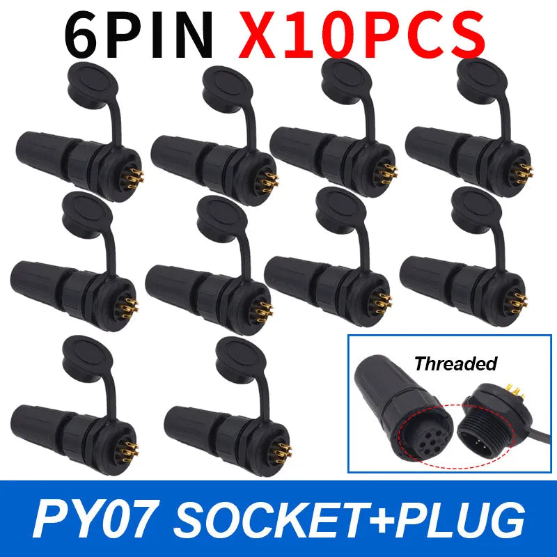 10-Pack IP67 Waterproof 24-Pin Connector Plug & Socket Set Waterproof Electrical Connector Axl 6P Threaded 10pcs