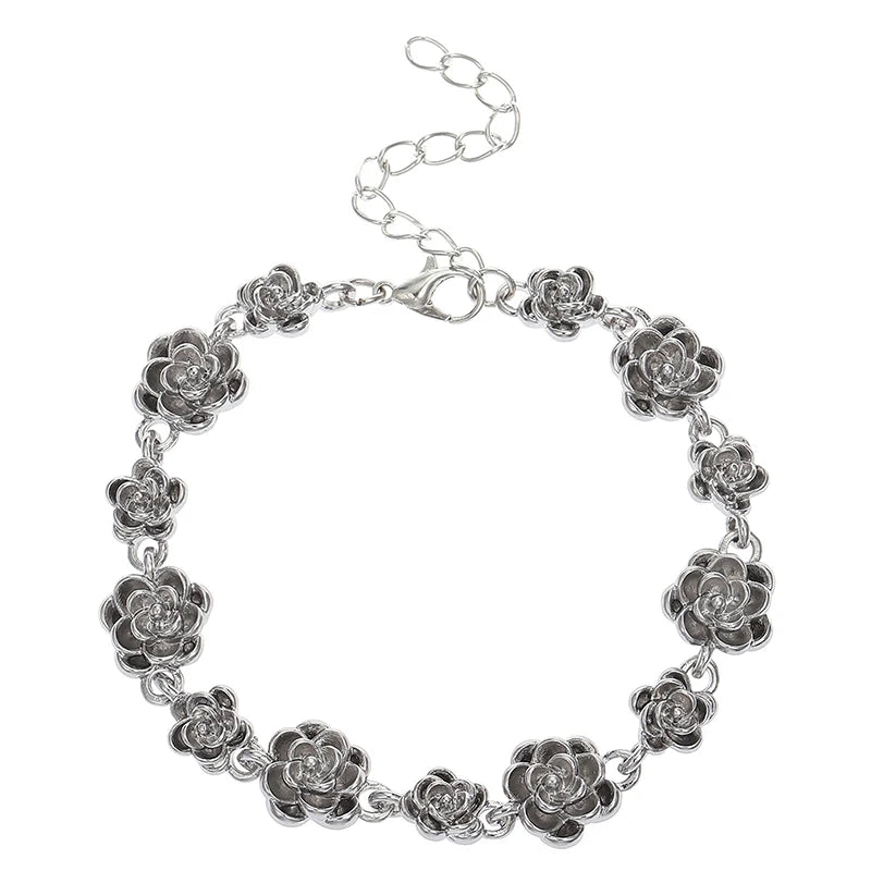 Retro Vintage Rose Flower Bracelet – Women's Gold Silver Chain Charm Bracelet Axl Silver
