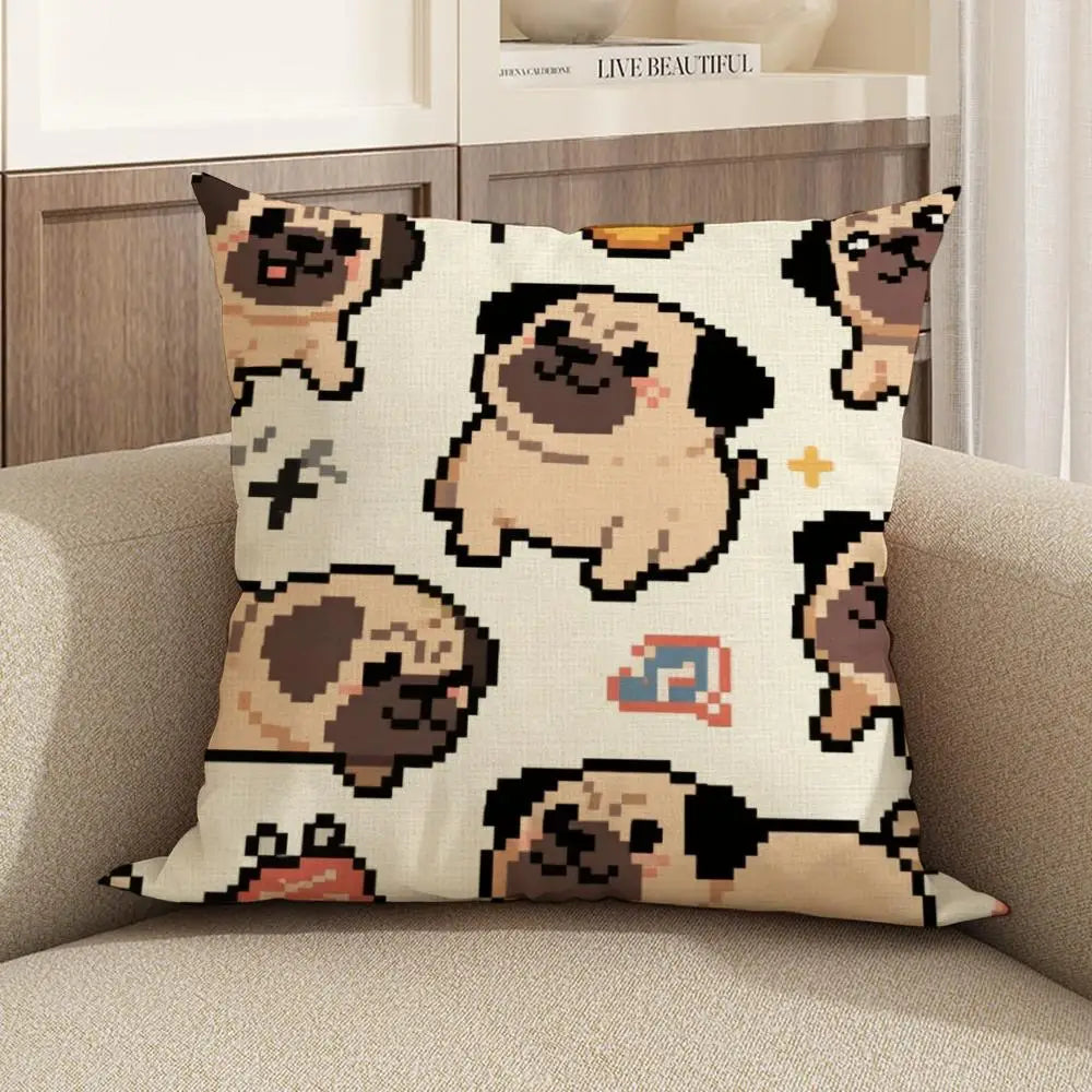 Pug Cartoon Linen Cushion Cover | Sofa, Bed & Chair Décor Decorative Cushion Cover Axl White5 50X50cm