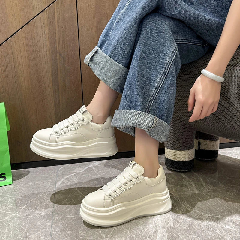 Women's White Platform Sneakers – PU Leather Lace-Up Flats Platform Sneakers Axl