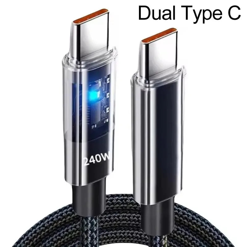 240W 2-in-1 USB-C Fast Charging Cable with Foldable Stand USB-C Charging Cable Axl Dual Type C 0.25m
