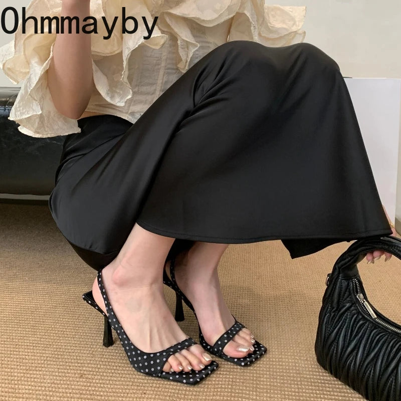 Women's Square Toe High Heel Sandals | Polka Dot Slingback Mules High Heel Sandals Axl