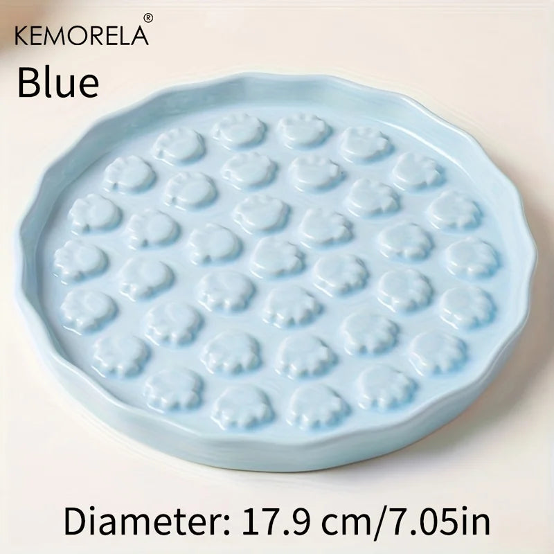 KEMORELA Ceramic Slow Feed Cat Bowl – Paw Design Pet Dish Slow Feed Pet Bowl Axl Blue