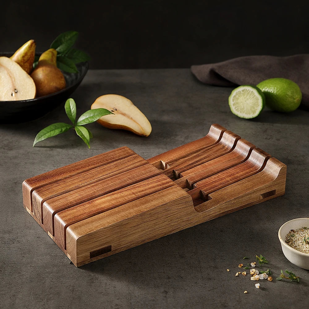 XINZUO Acacia Wood 4-Slot In-Drawer Knife Tray Organizer Knife Storage Tray Axl