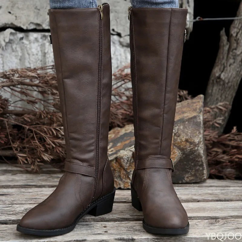 Women's Retro Pleated Buckle Knee-High Boots | Thick Heel Knee-High Boots Axl Light brown 41