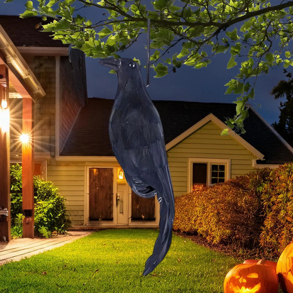 Hanging Crow Decoy with Feathers | Halloween Garden Bird Prop Halloween Garden Prop Axl