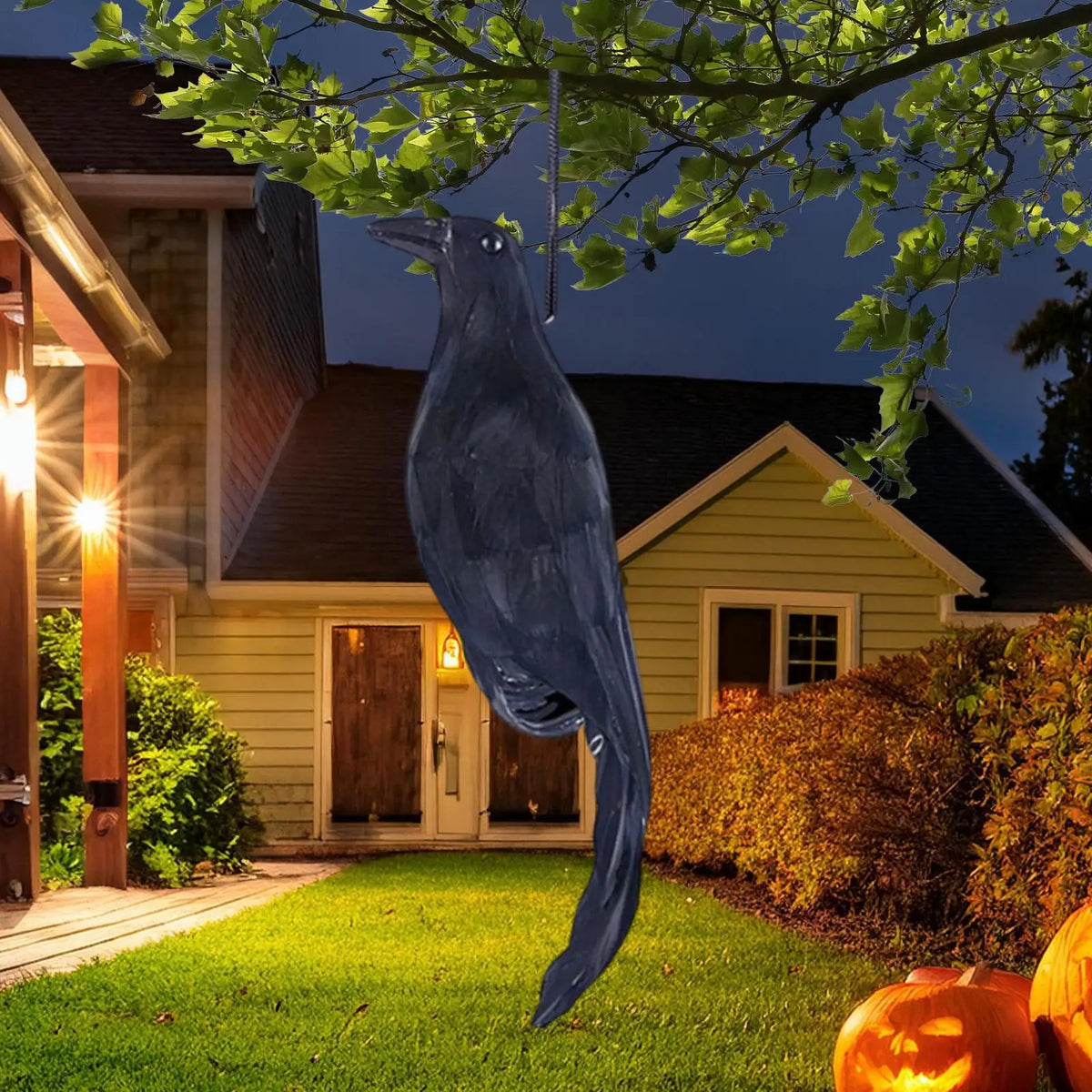 Hanging Crow Decoy with Feathers | Halloween Garden Bird Prop Halloween Garden Prop Axl