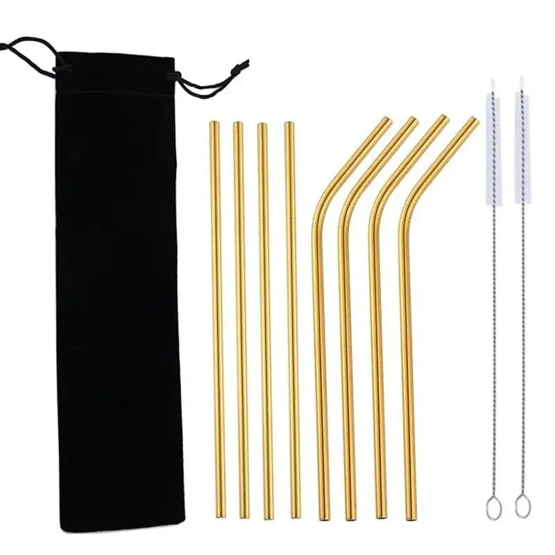 10-Piece Reusable Stainless Steel Straws Set with Cleaning Brush Reusable Straw Set Axl Gold