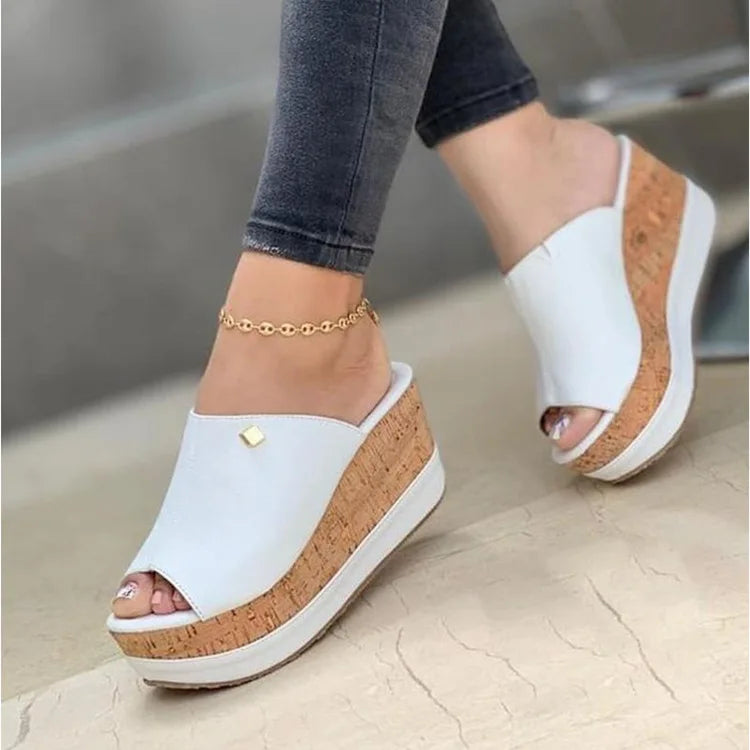 Women's Wedge Platform Sandals – Retro Peep Toe Slip-On Slides Wedge Platform Sandals Axl WHITE 43