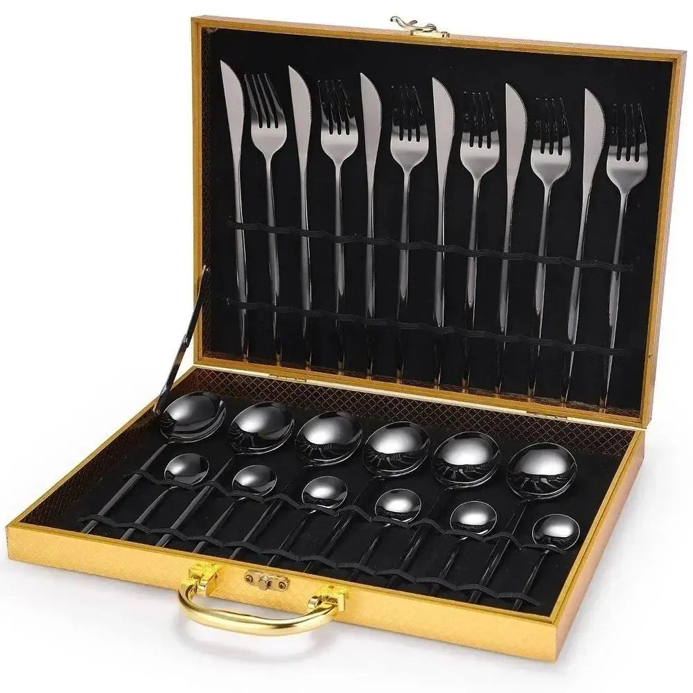 24-Piece Stainless Steel Flatware Set with Gift Box – Serves 6 Flatware Set Axl black