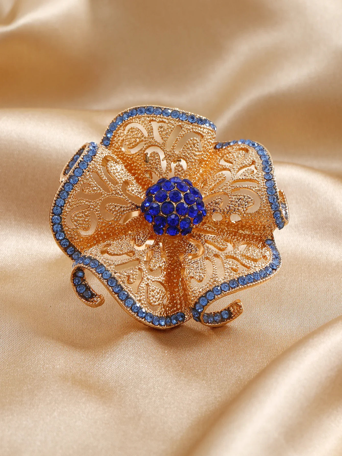 Luxury Flower Zircon Adjustable Ring – Gold Hollow Statement Fashion Statement Ring Axl 4 as shown