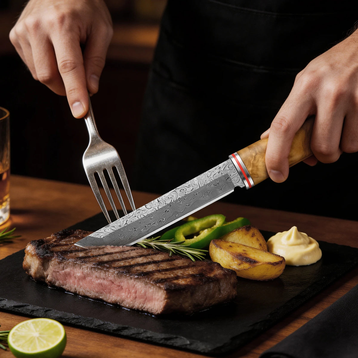 PLYS Damascus Steel Chef Knife – 9.5" Wood Handle Carving Knife Damascus Chef Knife Axl