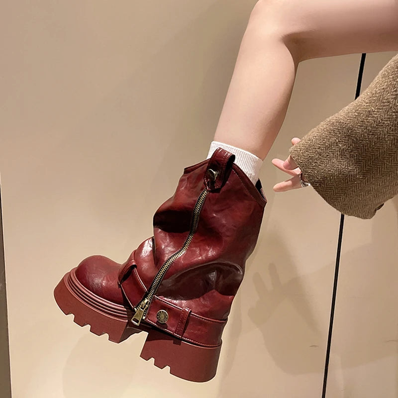 Women's Zip Block Heel Mid-Calf Platform Boots | Round Toe Mid-Calf Boots Axl Burgundy 40