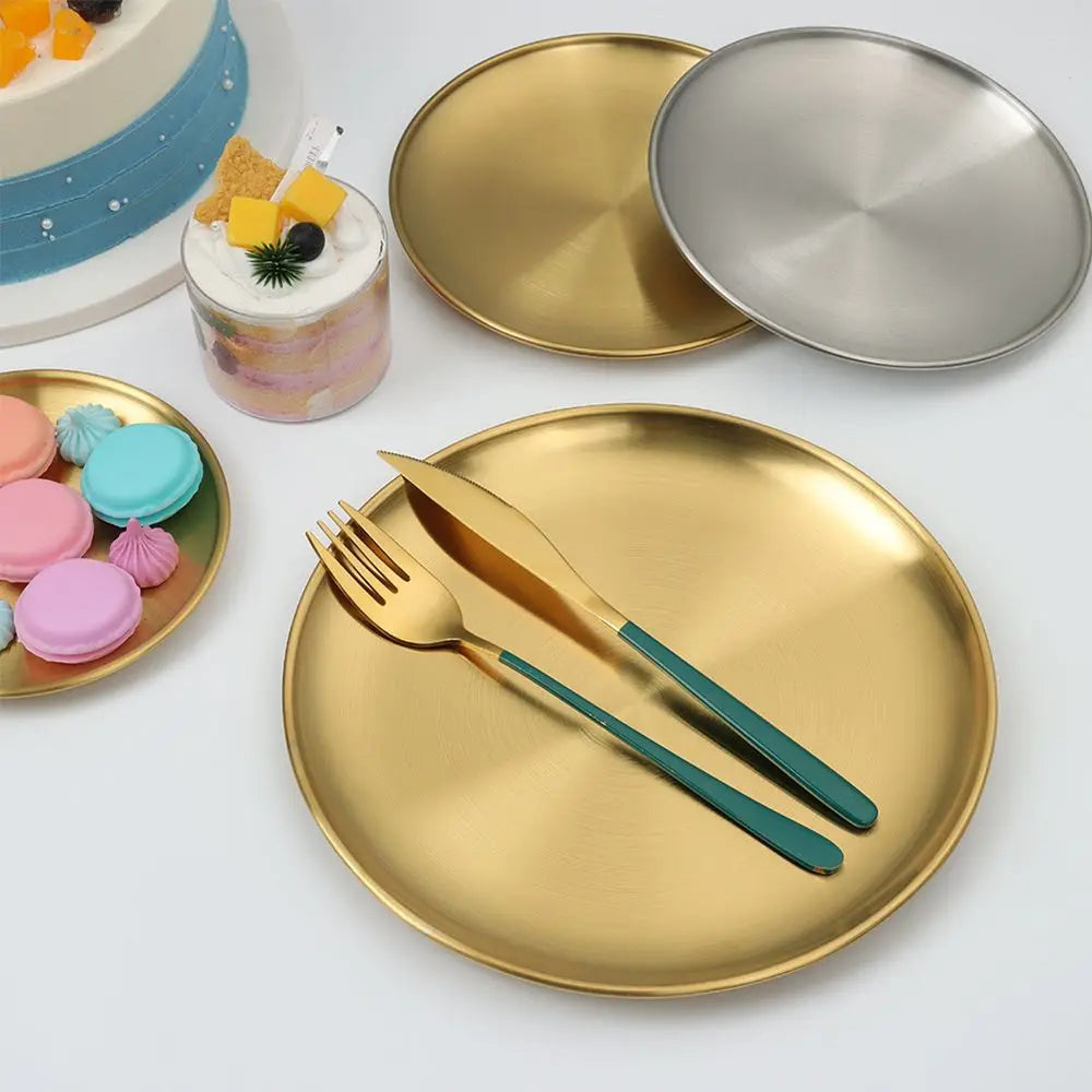 Stainless Steel Round Shallow Tray Gold Silver – 14 to 26cm Shallow Serving Tray Axl