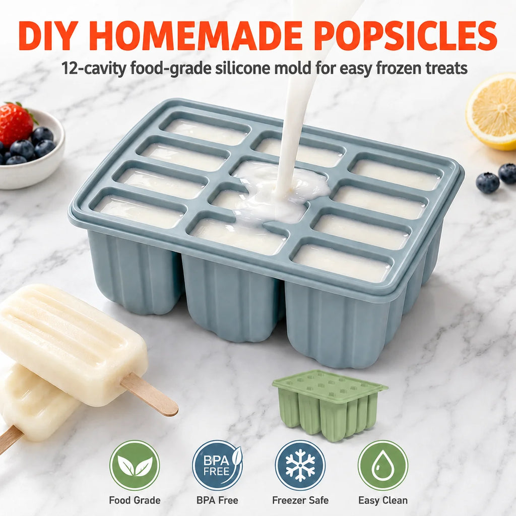 12-Cavity Silicone Popsicle Molds Set with 50 Sticks | Ice Pop Maker Ice Pop Mold Set Axl