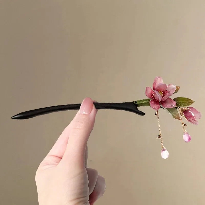 Floral Hair Stick – Chinese Style Pink Flower Tassel Hairpin Floral Hair Stick Axl