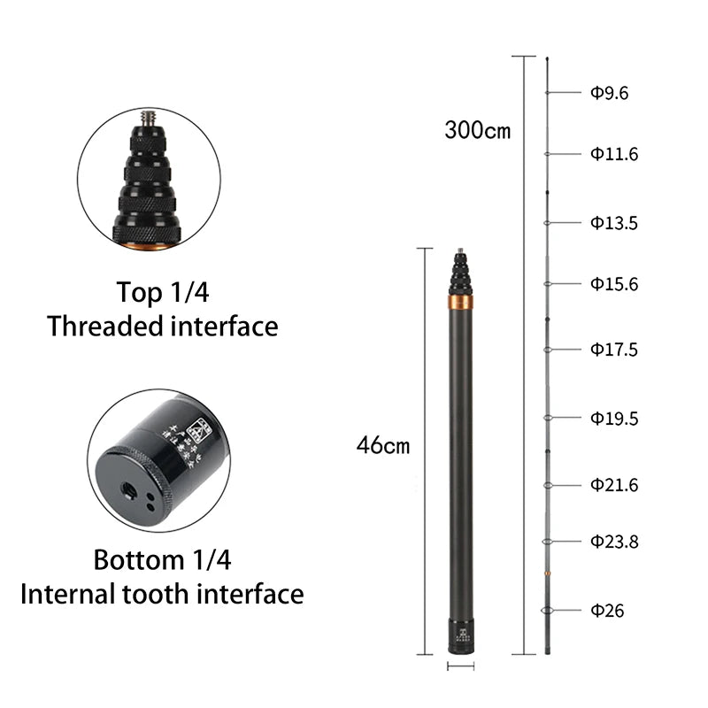 300cm Carbon Fiber Invisible Selfie Stick for Insta360 Camera Extension Pole Axl one size