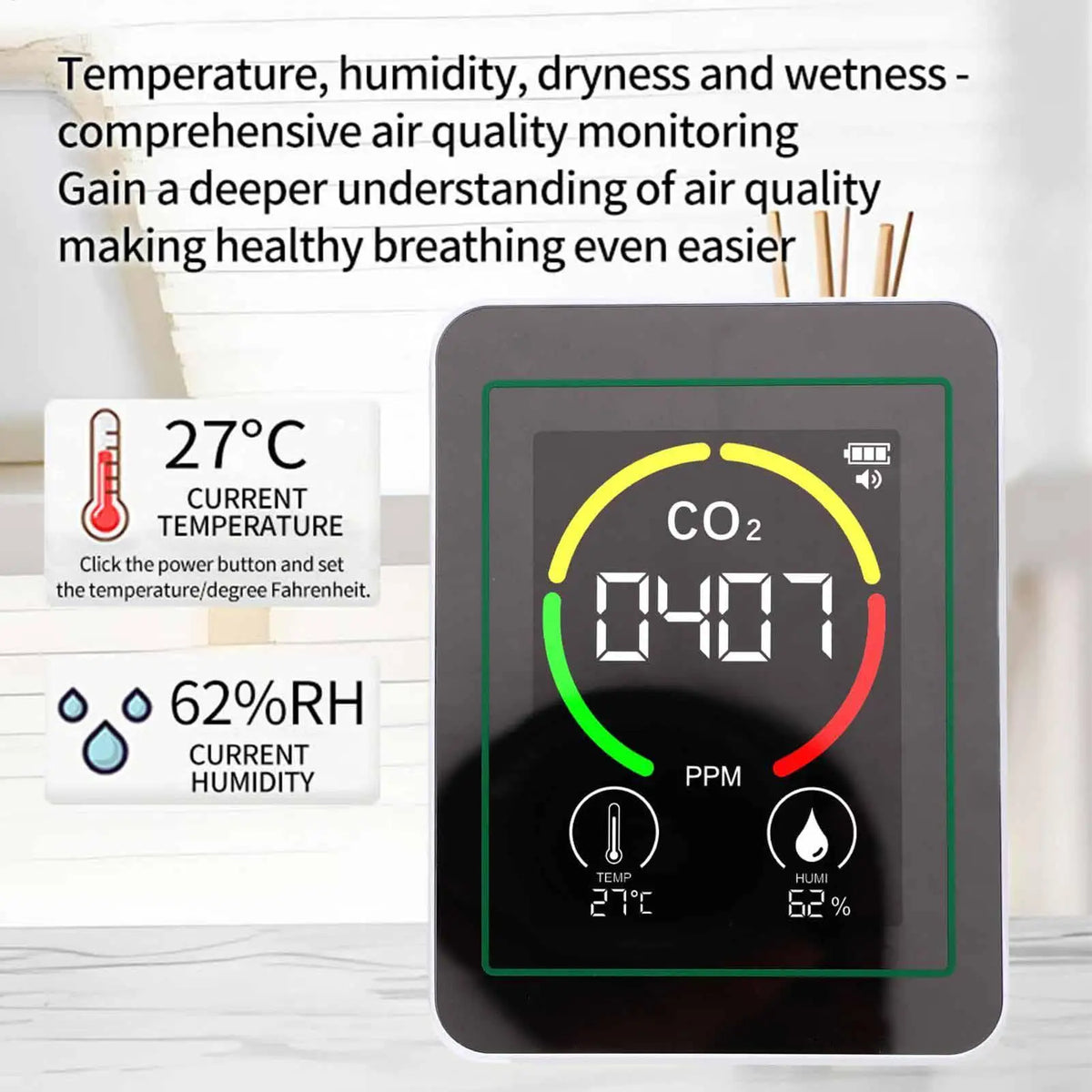 3-in-1 CO2 Air Quality Monitor – Humidity & Temperature Air Quality Monitor Axl