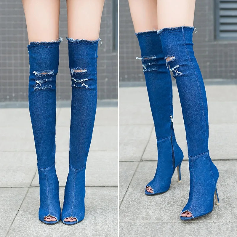 Women's Over-Knee Denim Gladiator Boots – High Heel Pointed Toe Over-Knee Heeled Boots Axl