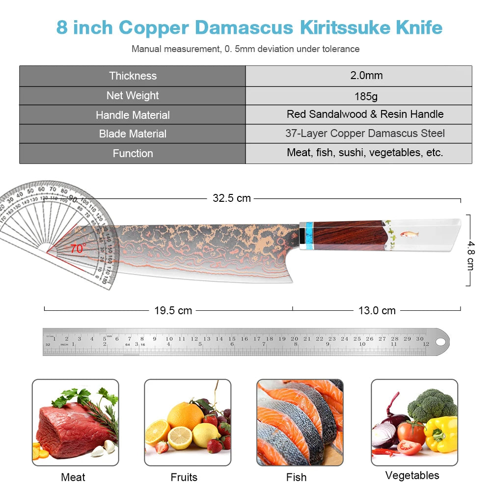 XITUO Kiritsuke Chef Knife 8" – Tricolor Copper Damascus Steel Damascus Chef Knife Axl