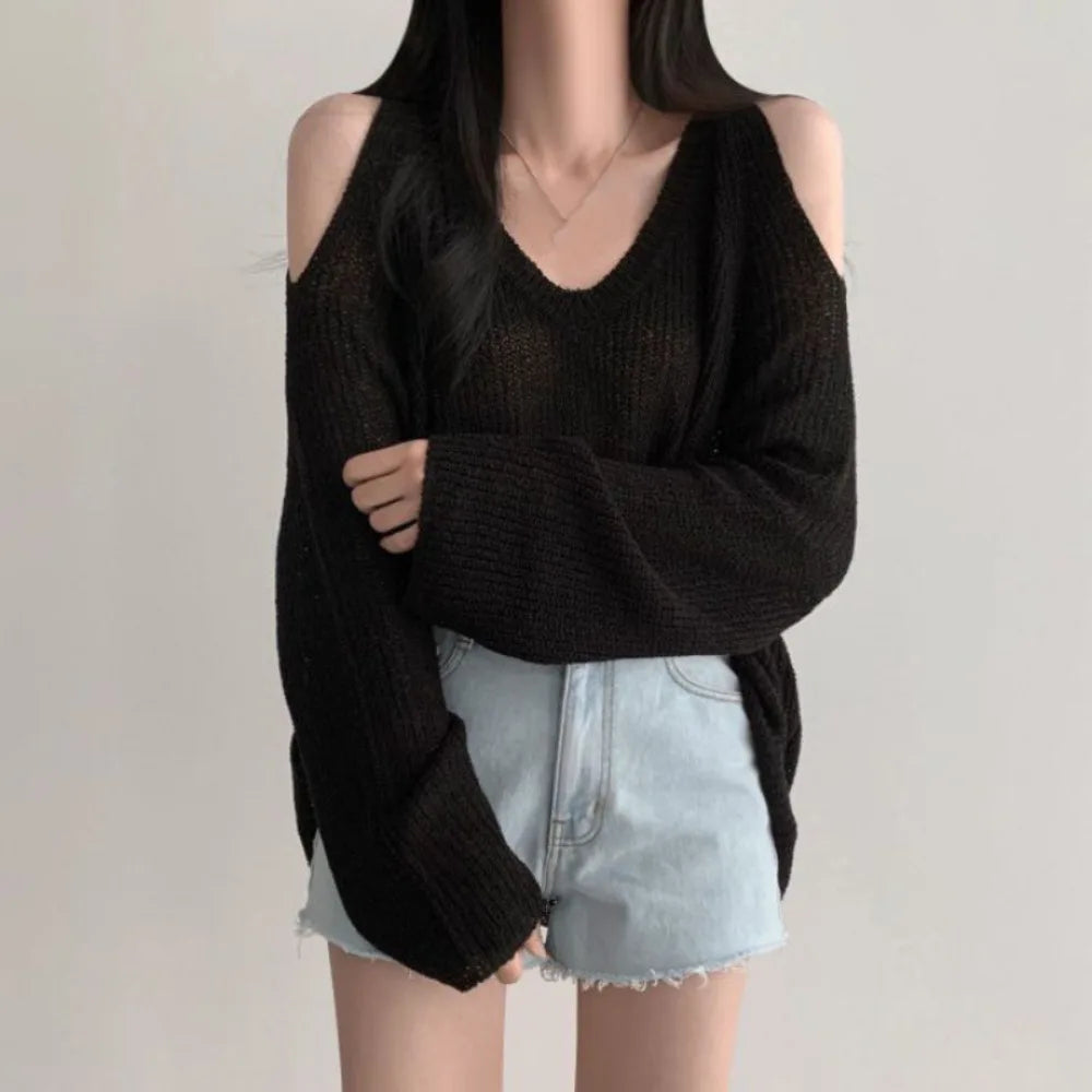 Women's Hollow Knit Crochet Pullover – Loose V-Neck Long Top Knit Pullover Top Axl Black One Size