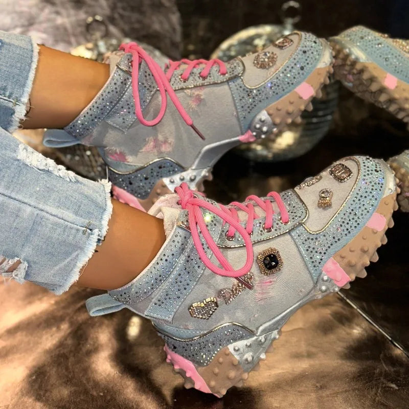 Women's Rhinestone High-Top Sneaker Boots – Thick Sole High-Top Sneaker Boots Axl