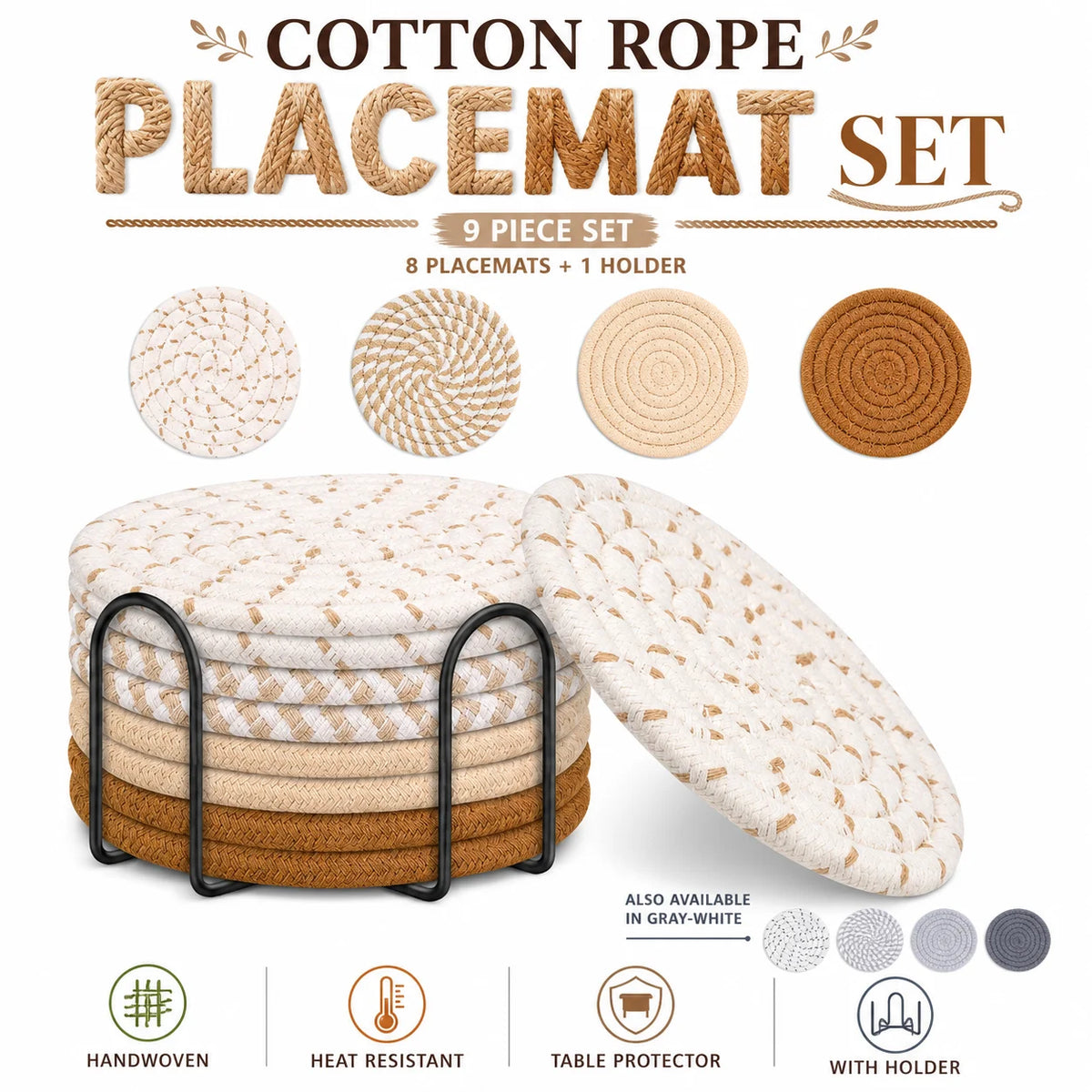 9-Piece Woven Jute Placemat & Coaster Set with Holder | Boho Woven Placemat Set Axl