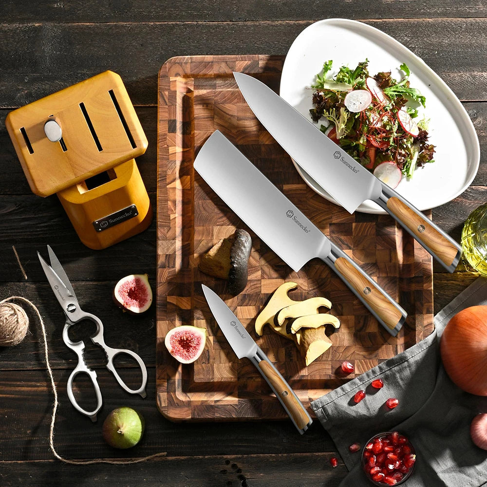 Sunnecko 6-Piece Kitchen Knife Block Set – Olive Wood Handle Kitchen Knife Set Axl