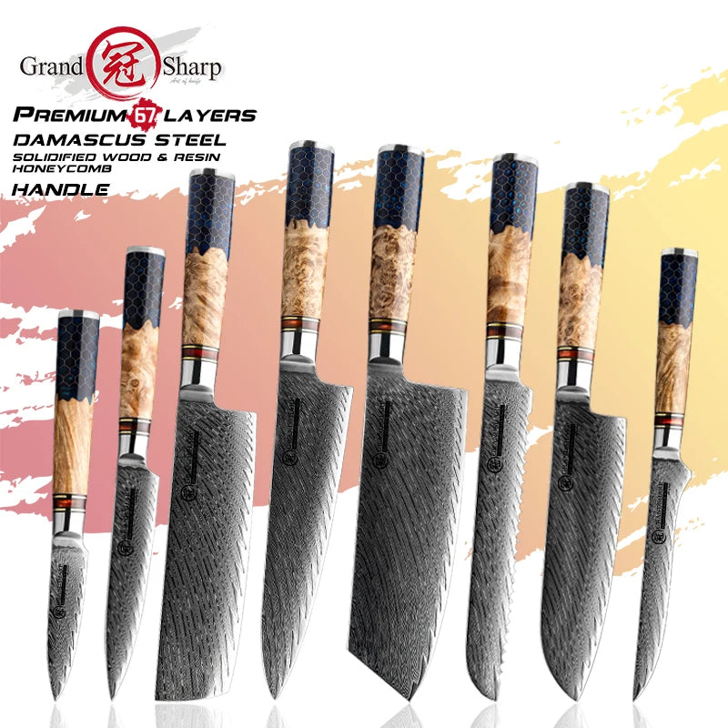 Damascus Knife Set AUS10 Japanese Steel – Honeycomb Handle Kitchen Knife Set Axl
