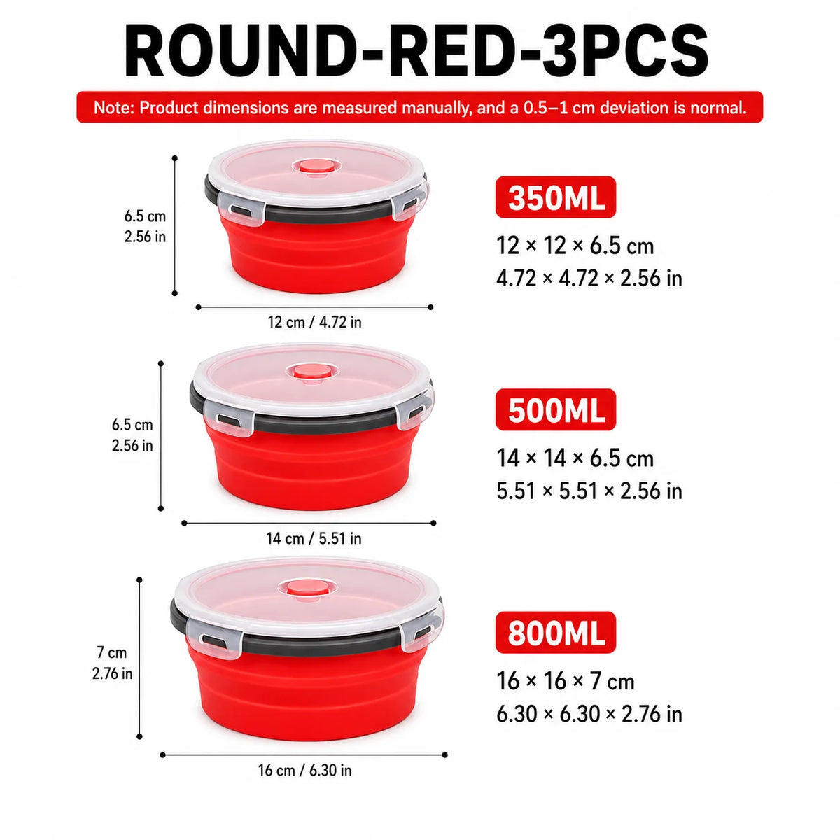 Uwhise 4-Pack Collapsible Silicone Food Containers | Leakproof Silicone Food Containers Axl Round-Red-3Pcs
