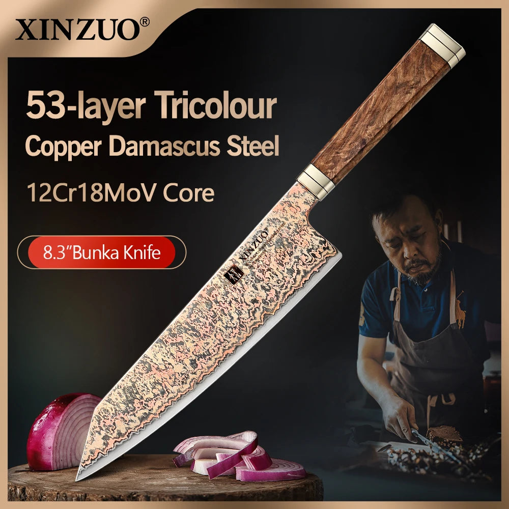 XINZUO 8.27" Bunka Knife – 53-Layer Copper Damascus Steel Damascus Kitchen Knife Axl