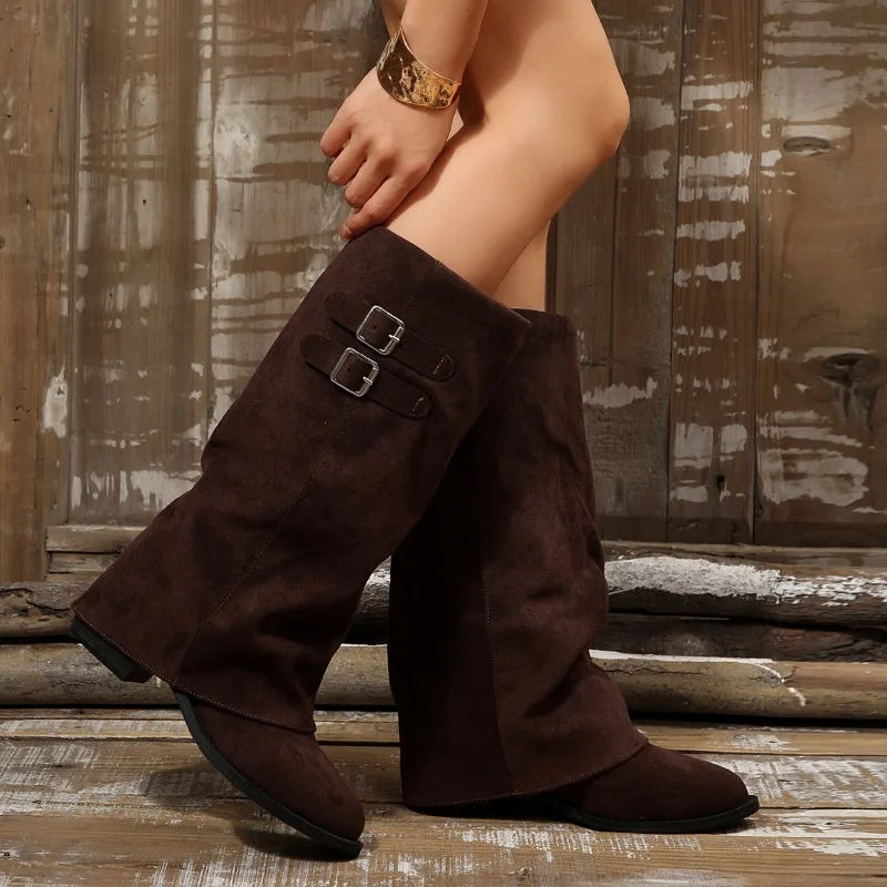Retro Flannel Knee-High Boots – Buckle Flat Women's Boots Knee-High Boots Axl