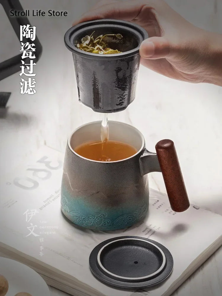 Retro Ceramic Coffee Mug with Lid & Wooden Handle | Gift Box Ceramic Coffee Mug Axl