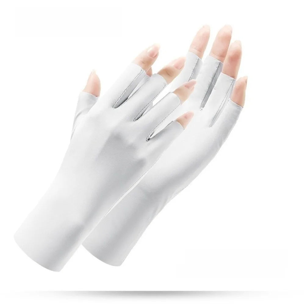 UV Ice Silk Fingerless Driving Gloves for Women | Sun Protection Fingerless Sun Gloves Axl White