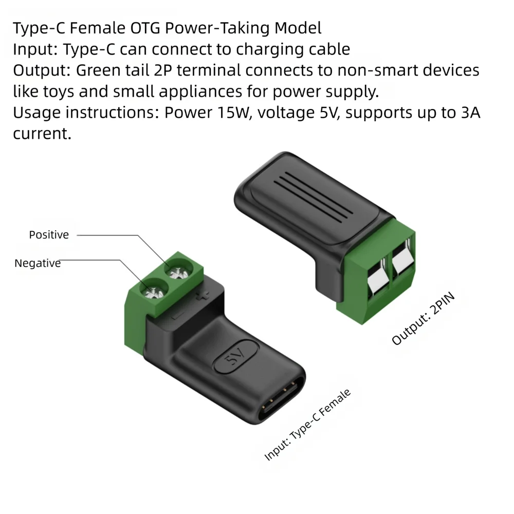 USB-C to 2-Pin Screw Terminal Adapter | 5V 3A Solderless Plug USB Terminal Adapter Axl C-Female PowerTaking