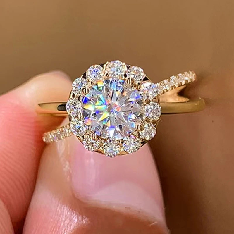 Huitan Gold Wedding Ring Women – CZ Crystal Pave Band Wedding Band Ring Axl