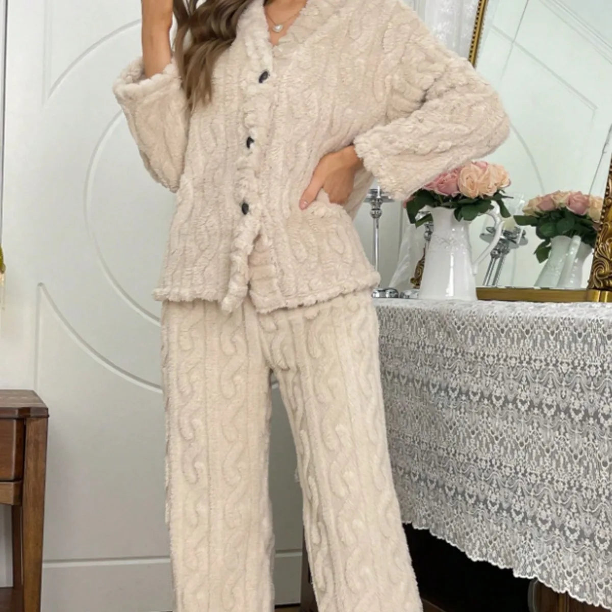 Women's Coral Velvet Pajama Set – Thick Warm Winter Loungewear Women's Pajama Set Axl