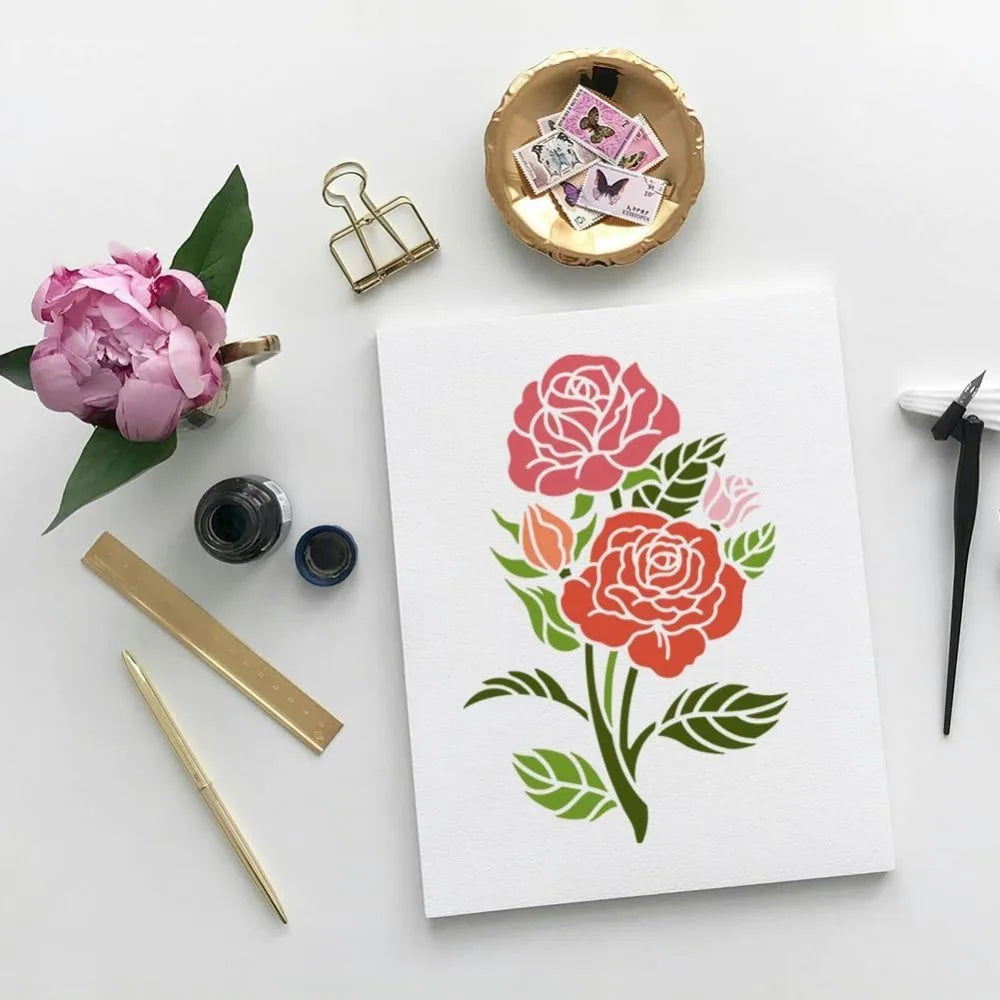 Rose Bouquet Reusable Painting Stencil – 11.69"x8.27" Floral Painting Stencil Axl