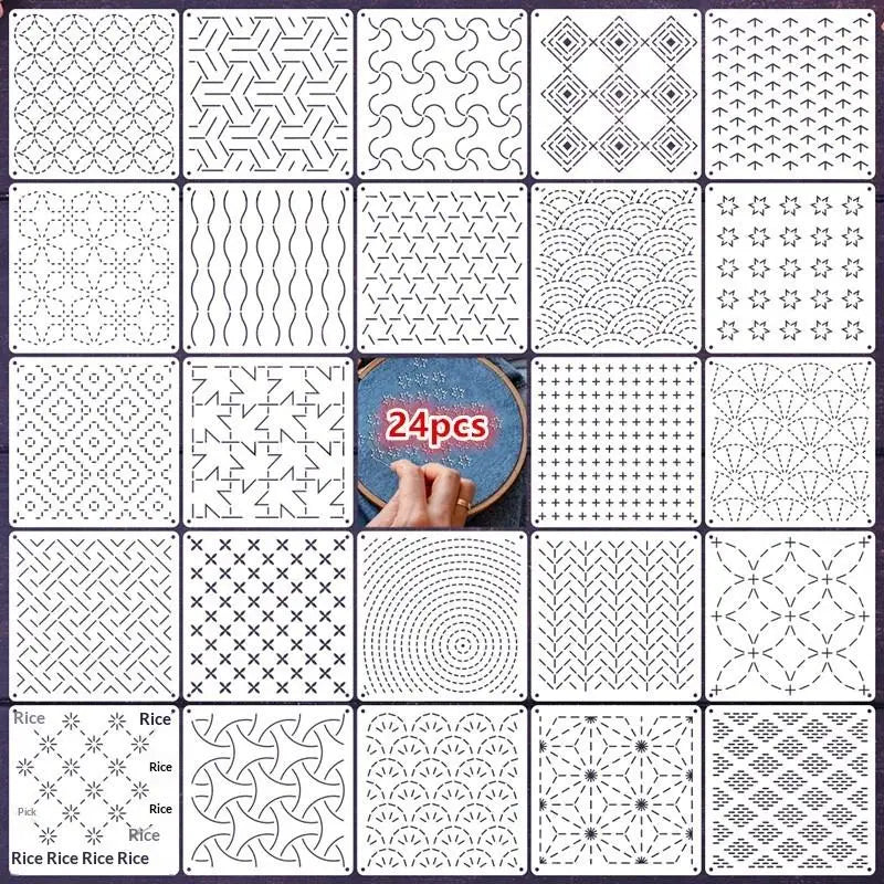 Sashiko Embroidery Stencils – 8/9/24 Pcs Reusable Quilting Templates Embroidery Stencil Set Axl 24PCS