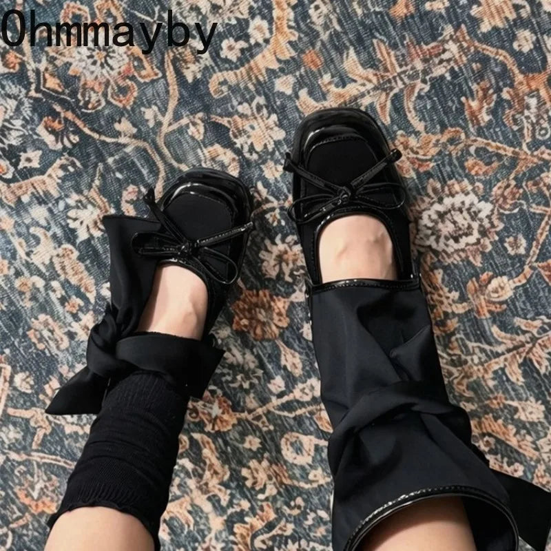 Satin Bow Ankle Strap Women's Flat Sandal Boots | Lolita Style Flat Sandal Boots Axl