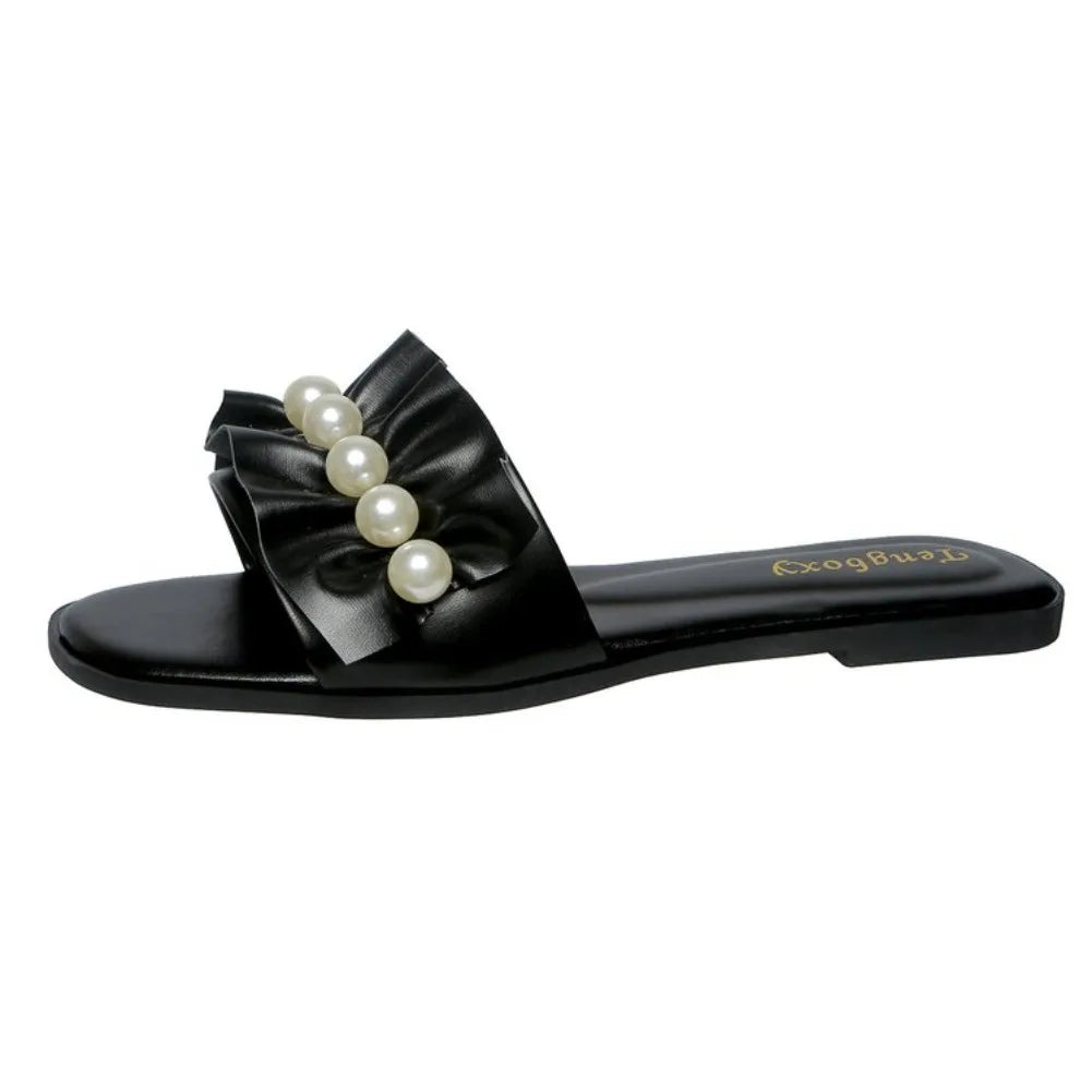 Women's Pearl Ruffle Flat Slide Sandals – Open Toe Beach Slippers Flat Slide Sandals Axl