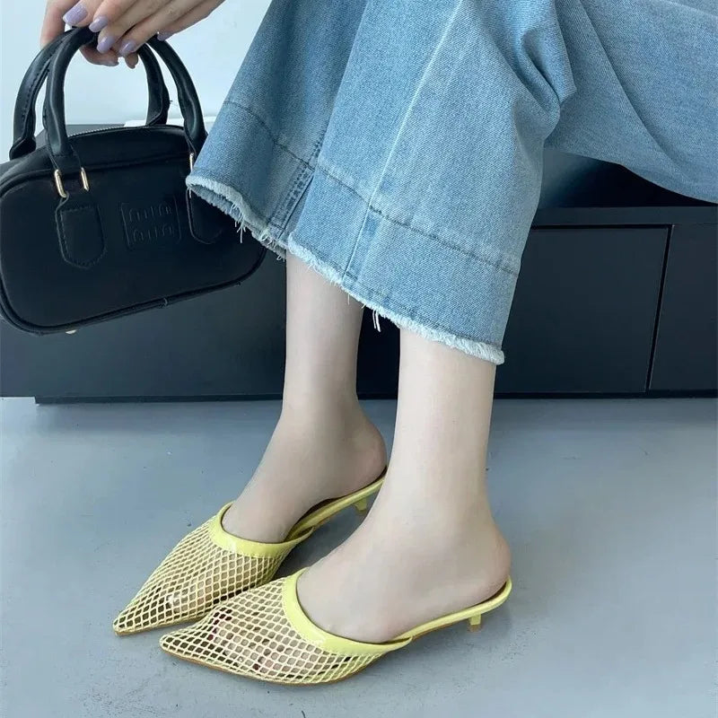Women's Mesh Mule Sandals – Pointed Toe Low Heel Slingback Mule Sandals Axl